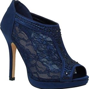 Navy lace, rhinestone heel booties 9